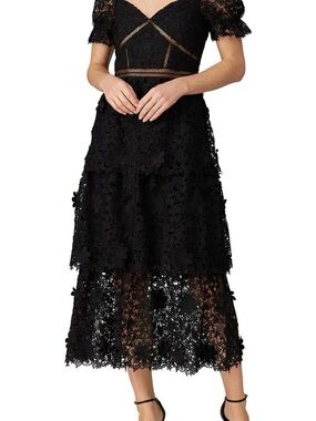 Self-Portrait Black Floral Lace Tiered Midi Dress